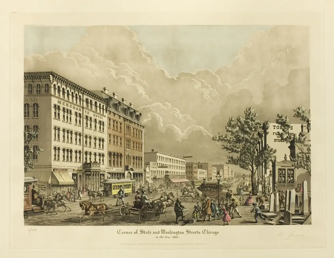 Print of the corner of State and Washington Streets, Chicago, in 1865, with shopfronts and carriages