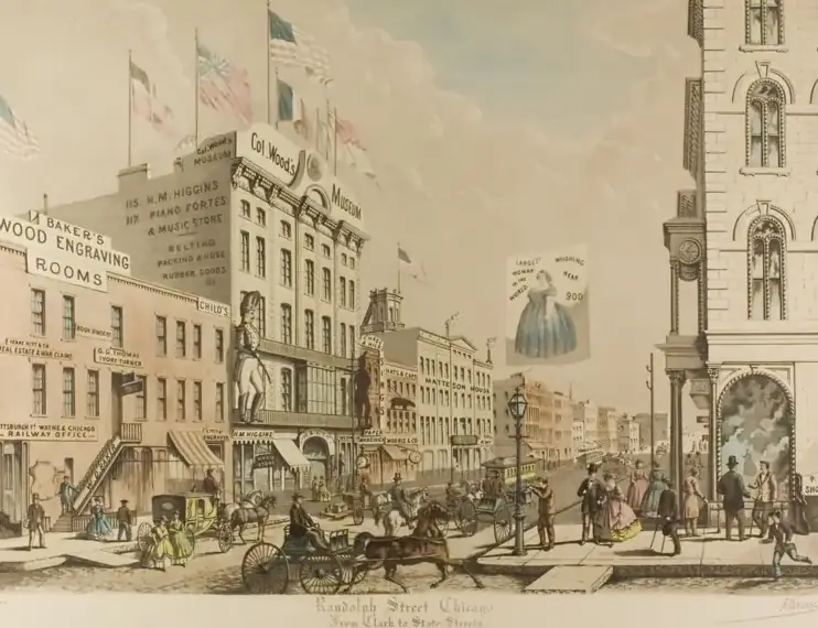 Print of Randolph Street, Chicago, from Clark to State Streets in 1865